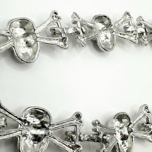 Skull Crossbones Bracelet Silver tone black link Set of 2 Biker Punk Steampunk - Picture 5 of 8